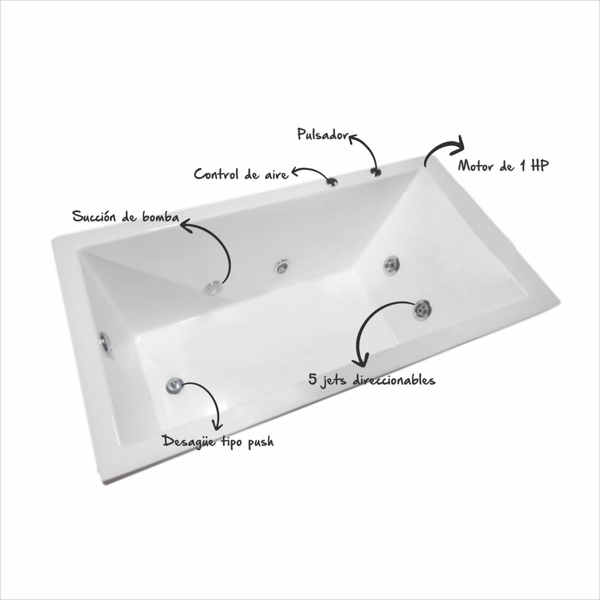 CUBA&SPA - Tina Hidromasaje Rectangular Minimalista Builder 140x80cm Blanca.