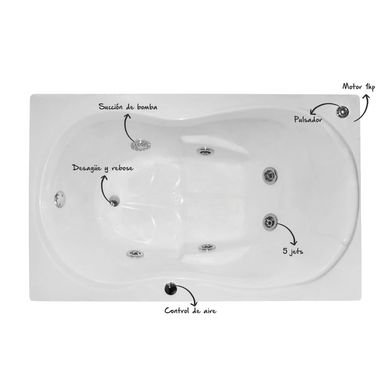 Tina Hidromasaje Rectangular Moderna Builder 121x75cm Blanca.