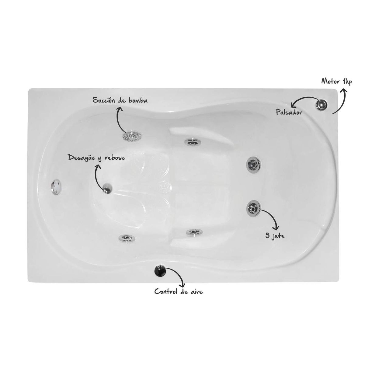 CUBA&SPA - Tina Hidromasaje Rectangular Moderna Builder 121x75cm Blanca.