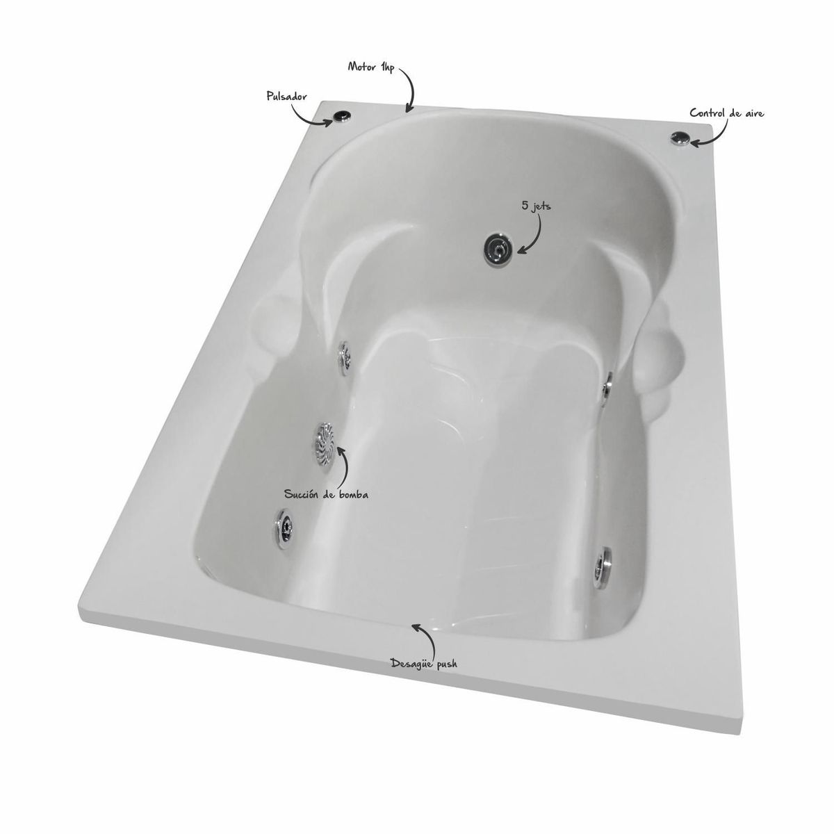 CUBA&SPA - Tina Hidromasaje Rectangular Bambina Builder 150x81cm Blanca.