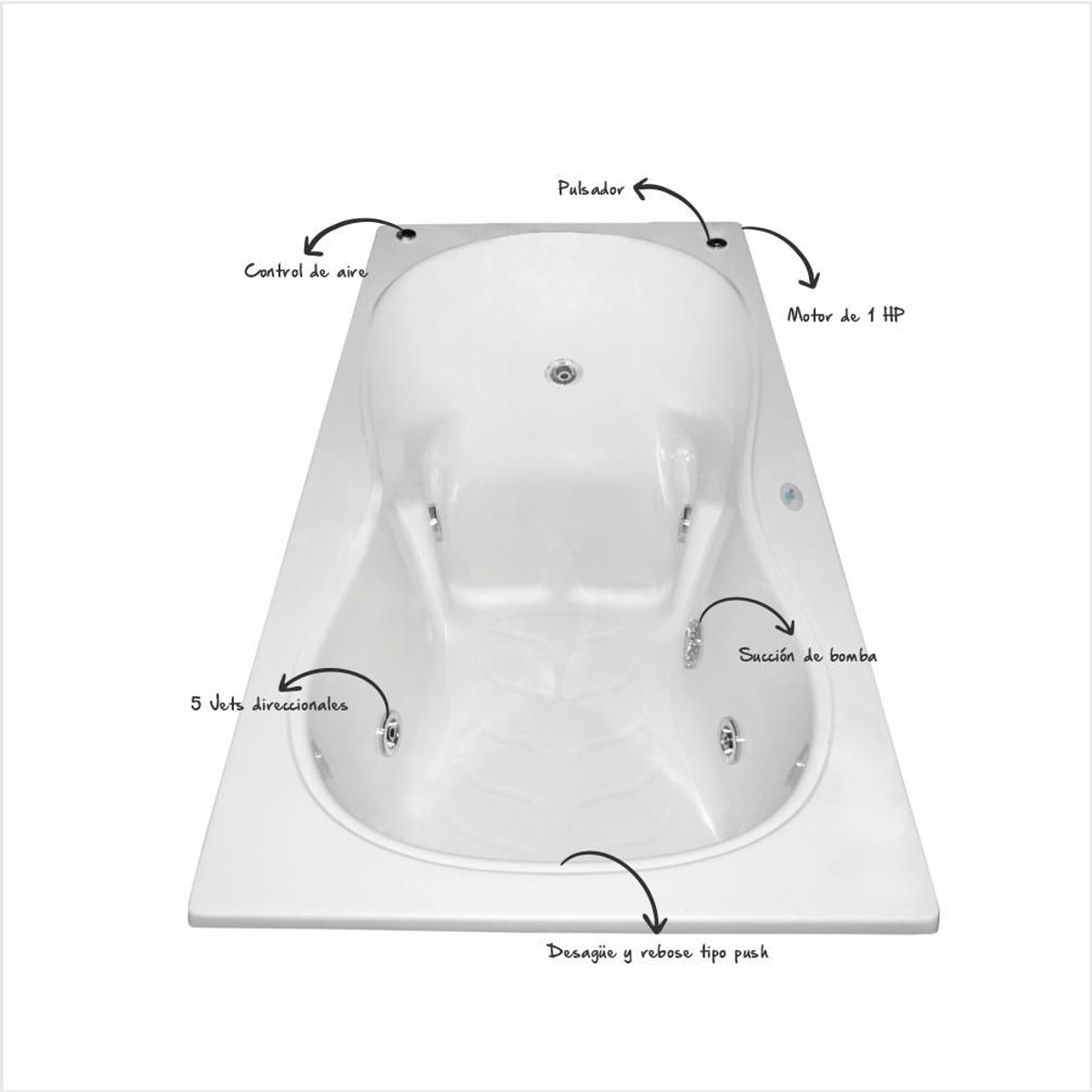 CUBA&SPA - Tina Hidromasaje Rectangular Sap2 Builder 170x85cm Blanca.