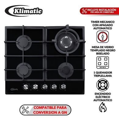Cocina Empotrable Klimatic a Gas 4 Hornillas Aosta 60 Pro Negro