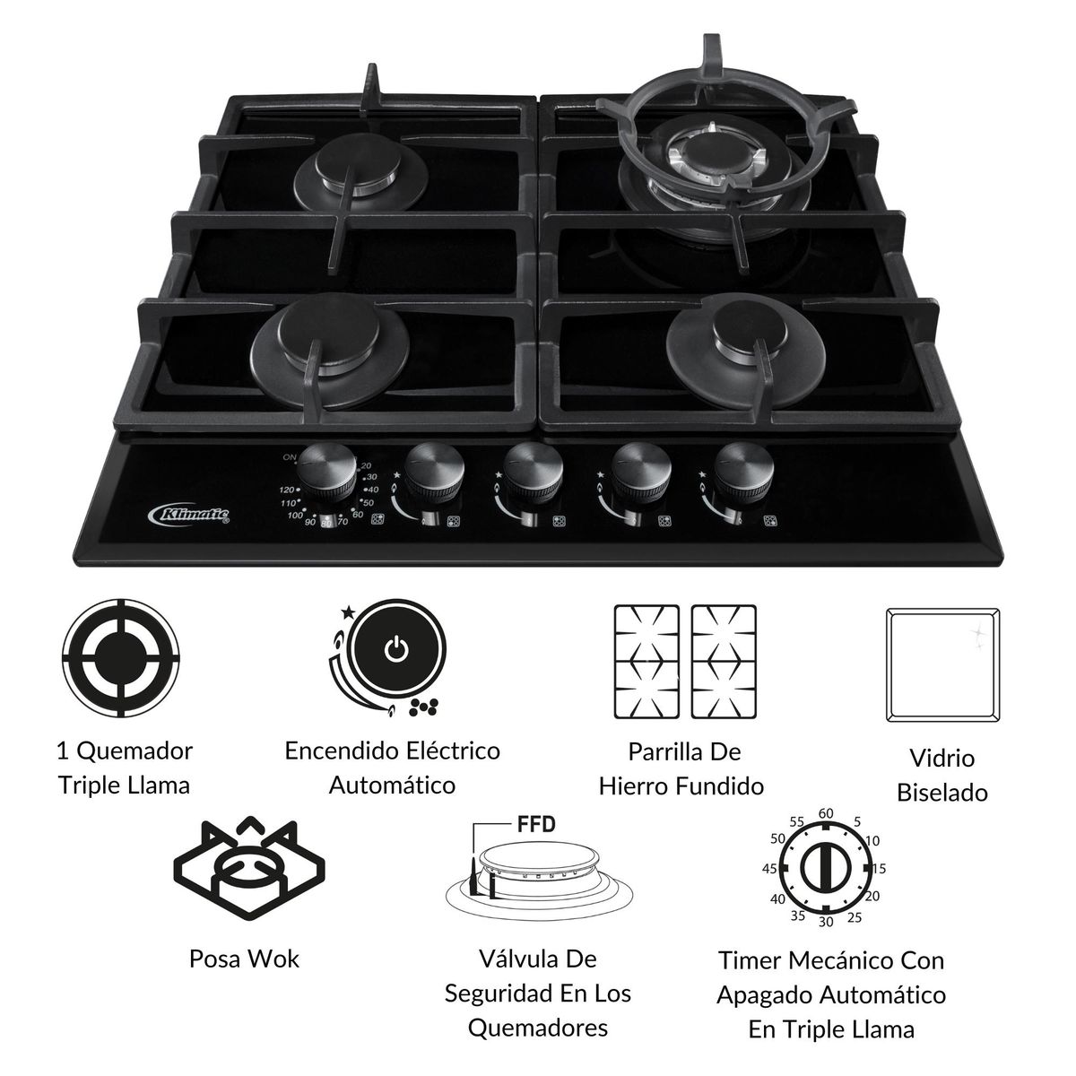 KLIMATIC - Cocina empotrable Gas Klimatic Aosta 60 Pro X4 Quemadores