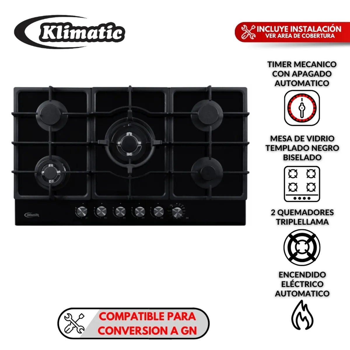 KLIMATIC - Cocina empotrable Gas Klimatic Aosta 90 Pro X5 Quemadores