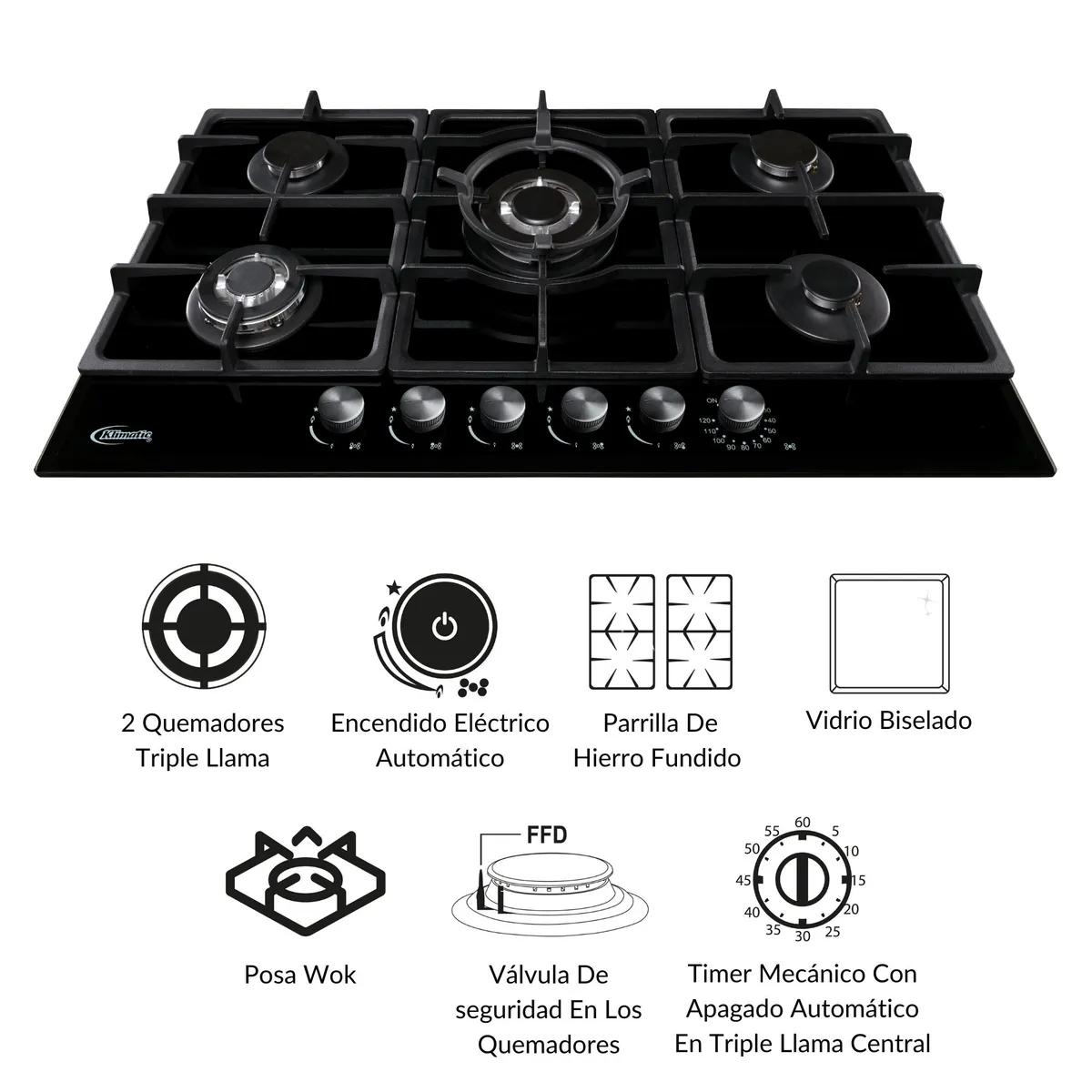 KLIMATIC - Cocina empotrable Gas Klimatic Aosta 90 Pro X5 Quemadores