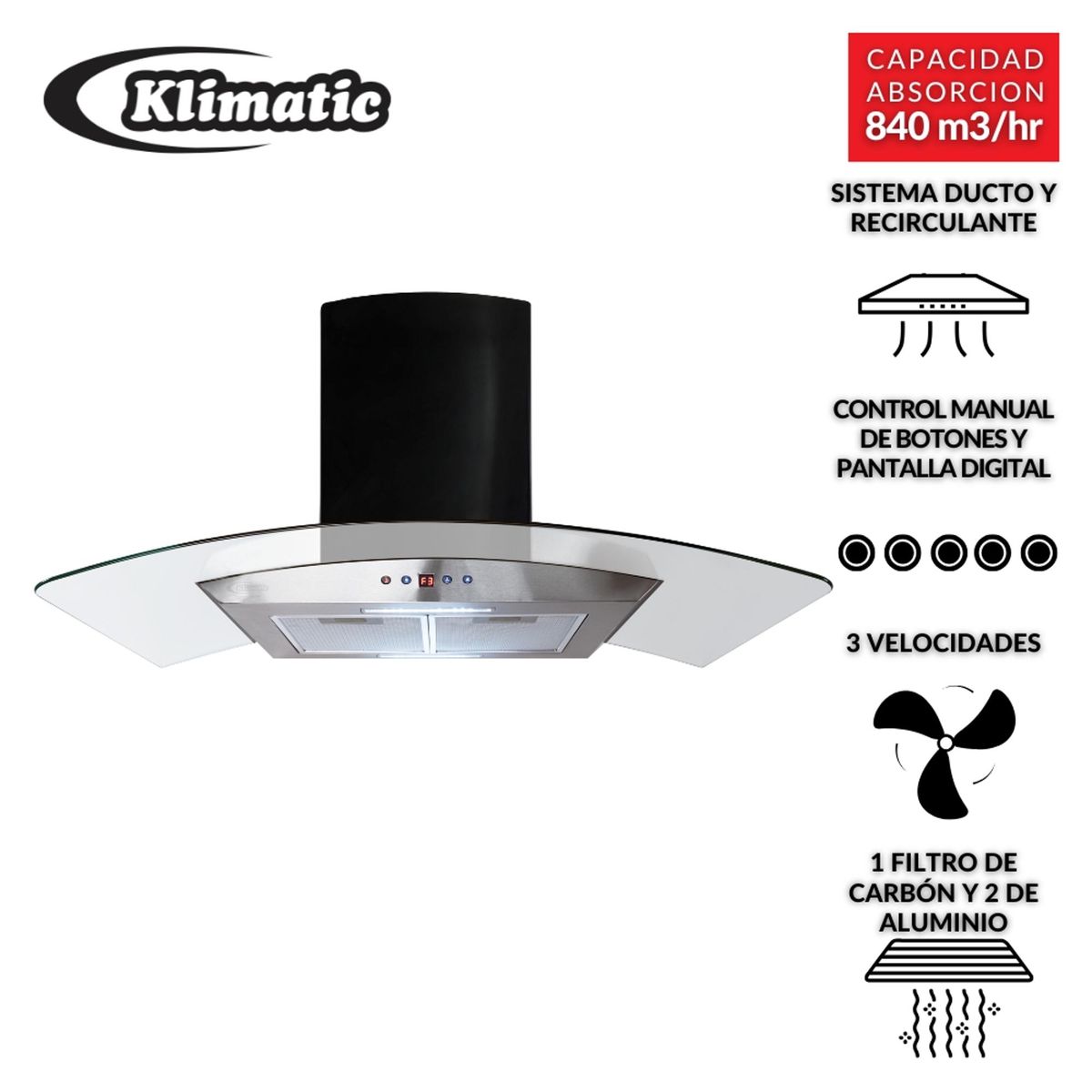 KLIMATIC - Campana Extractora Klimatic 90cm Decorativa Dina Black Negro