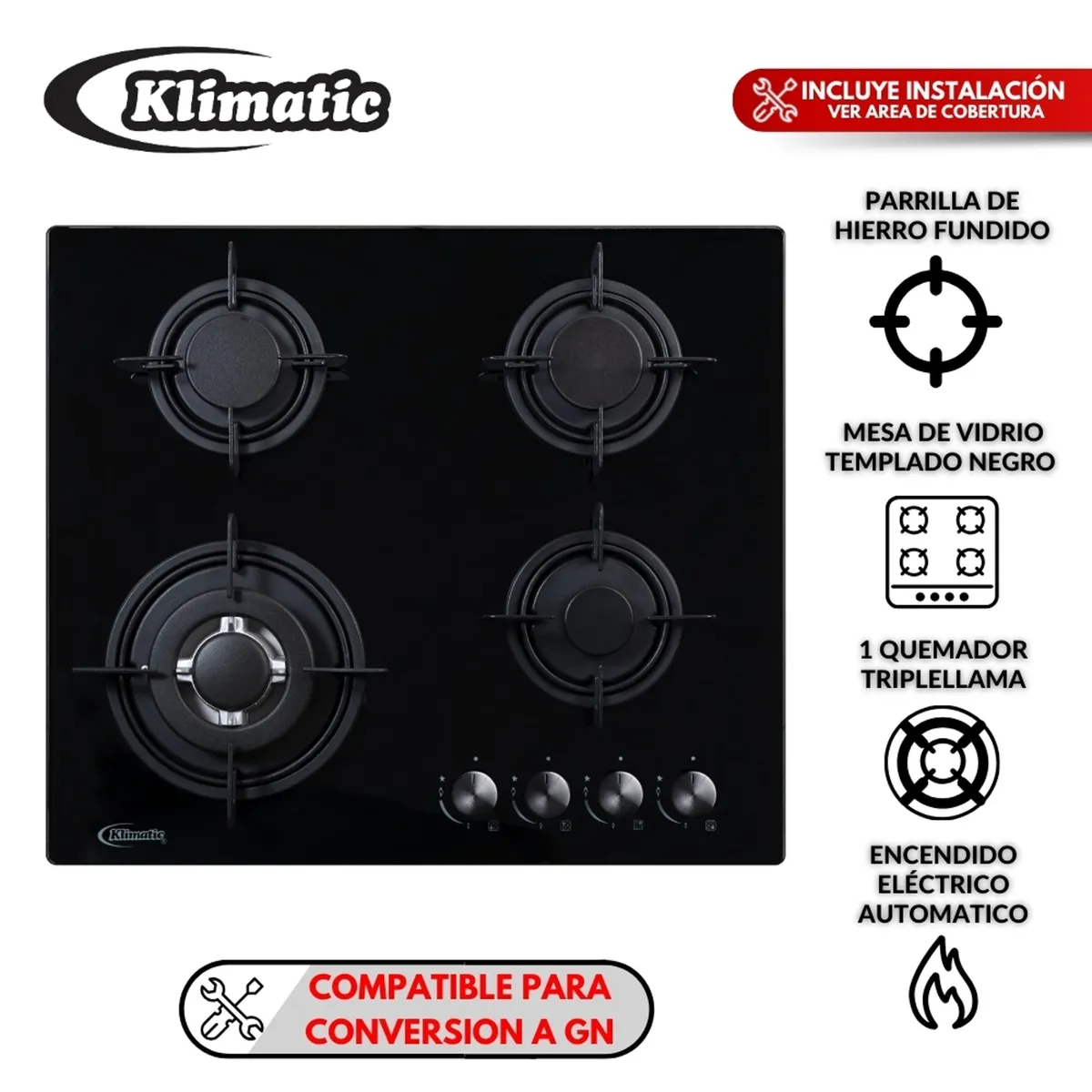 KLIMATIC - Cocina empotrable Gas Klimatic Nina 60 X4 Quemadores