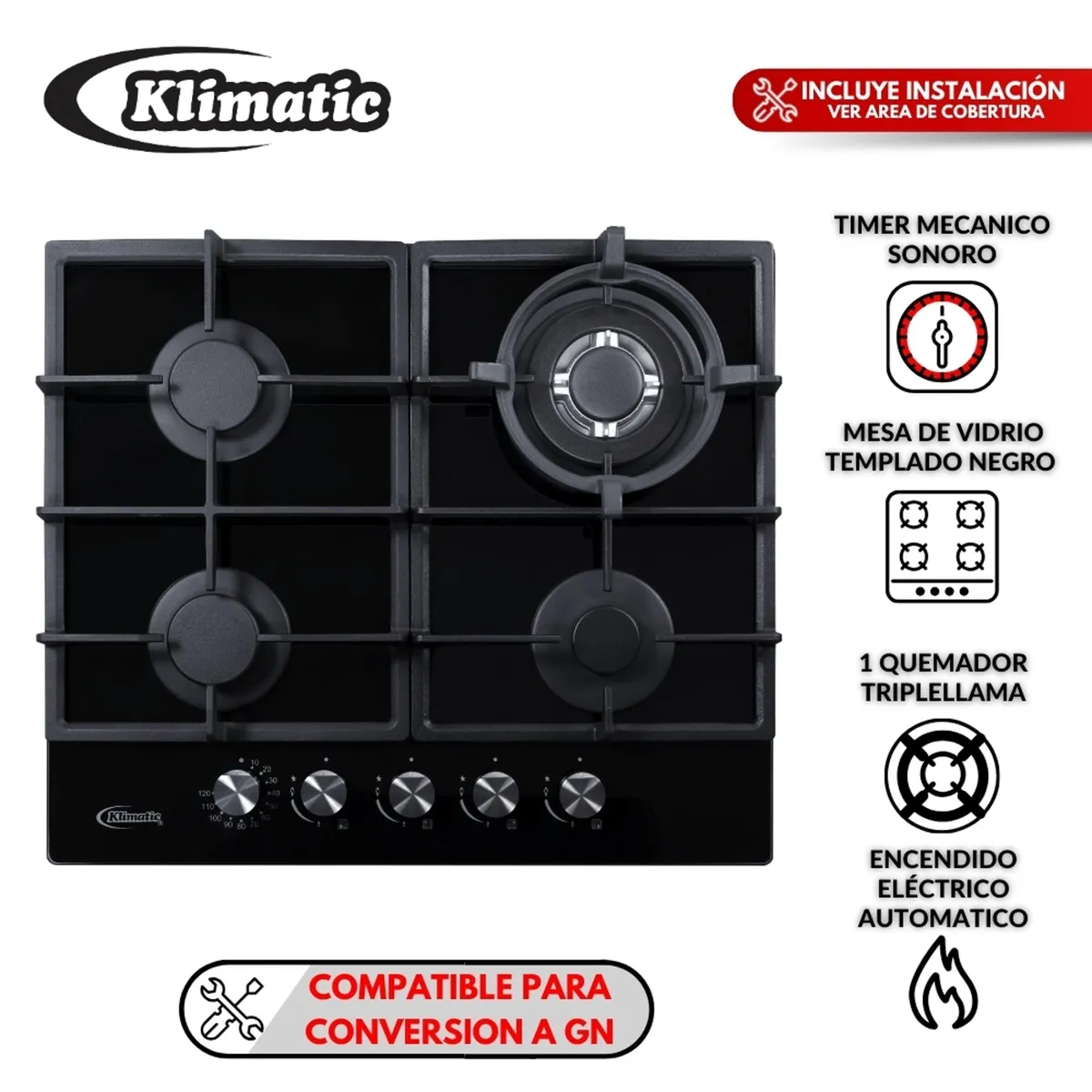 KLIMATIC - Cocina empotrable Gas Klimatic Trevi 60 X4 Quemadores