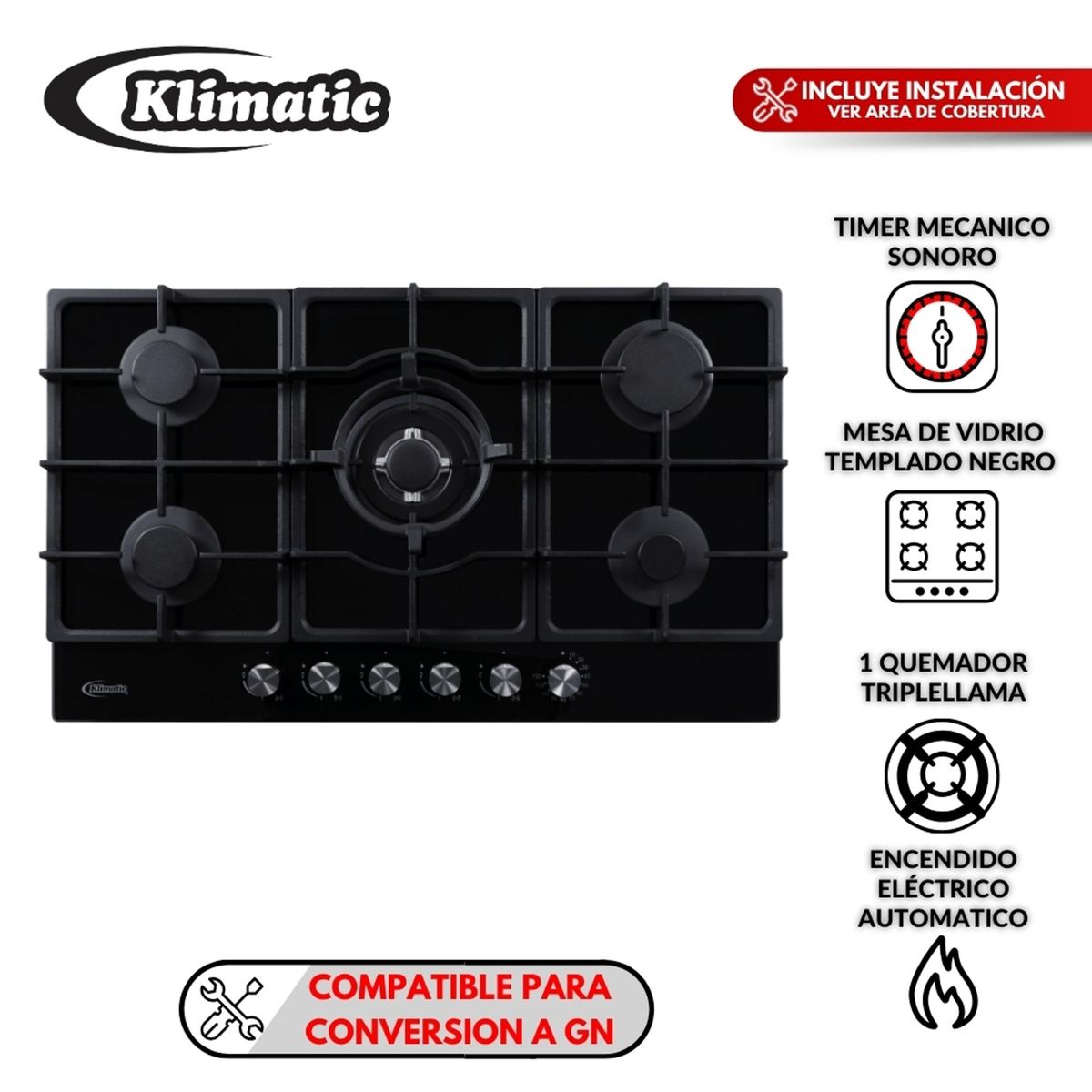 KLIMATIC - Cocina empotrable Gas Klimatic Trevi 90 Pro X5 Quemadores