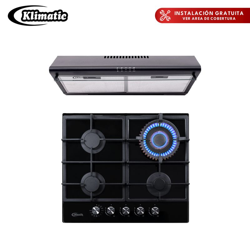 KLIMATIC - Combo Klimatic Cocina Empotrable 4 Hornillas Trevi 60 + Campana Lineal 60cm CK601NE/M