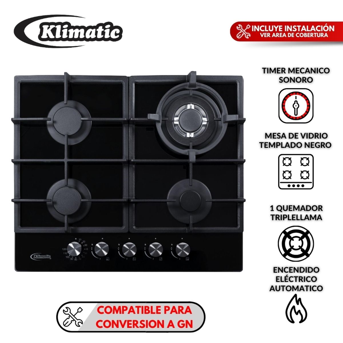 KLIMATIC - Tricombo Klimatic Cocina Empotrable 4 Hornillas Trevi 60 + Campana Lineal 60cm CK601NE/M + Horno a Gas 60 Lt Lubeck BC