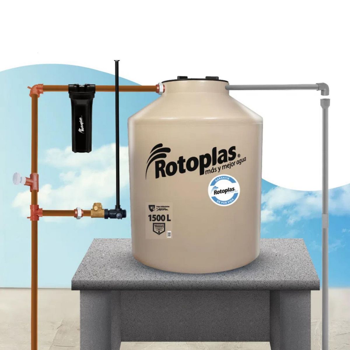ROTOPLAS - Tanque de Agua Arena Rotoplas 1500 L + Accesorios