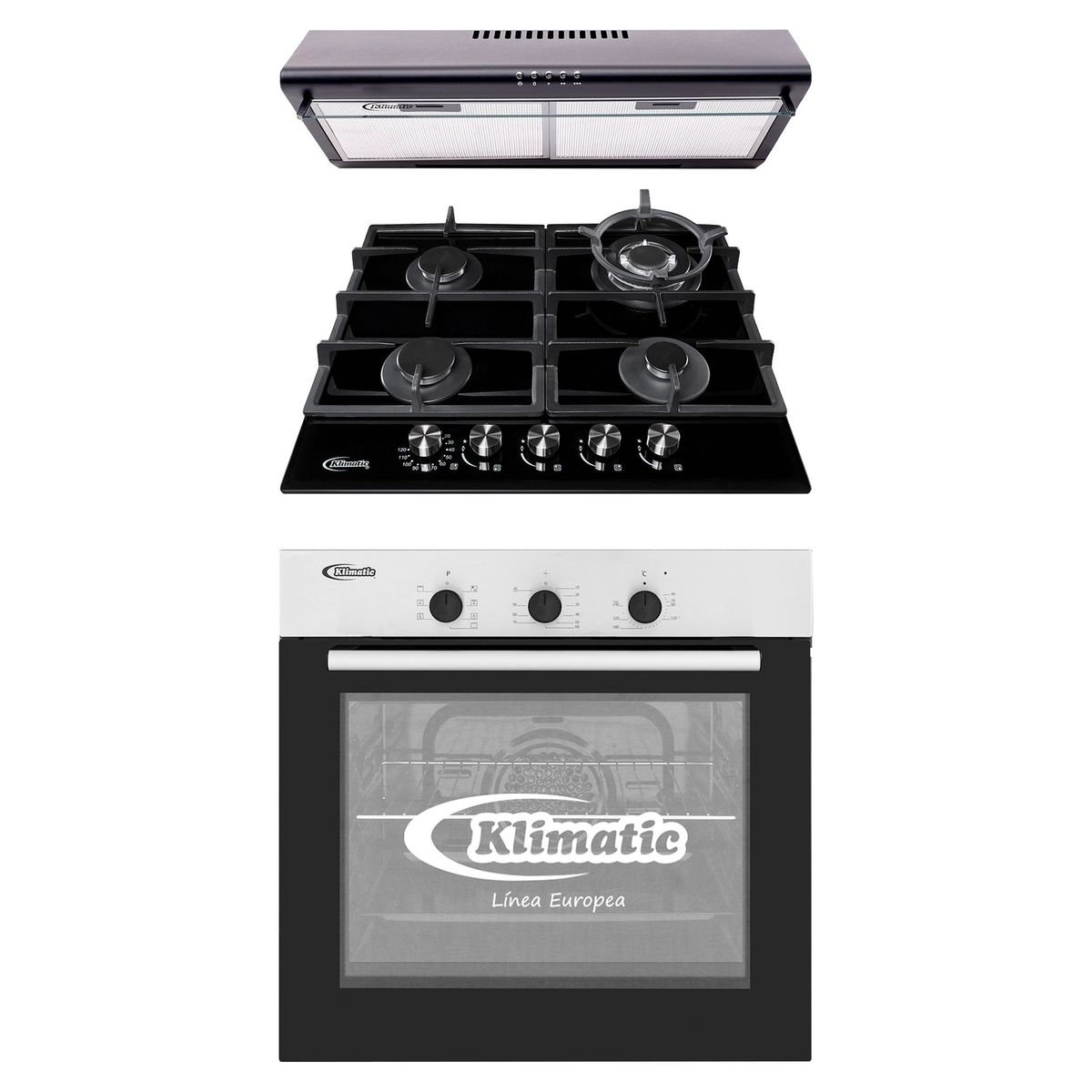 KLIMATIC - Tricombo Klimatic Cocina Empotrable 4 Hornillas Trevi 60 Pro + Campana Lineal 60cm CK601NE/M + Horno Eléctrico 60 Lt HKT600-PIX