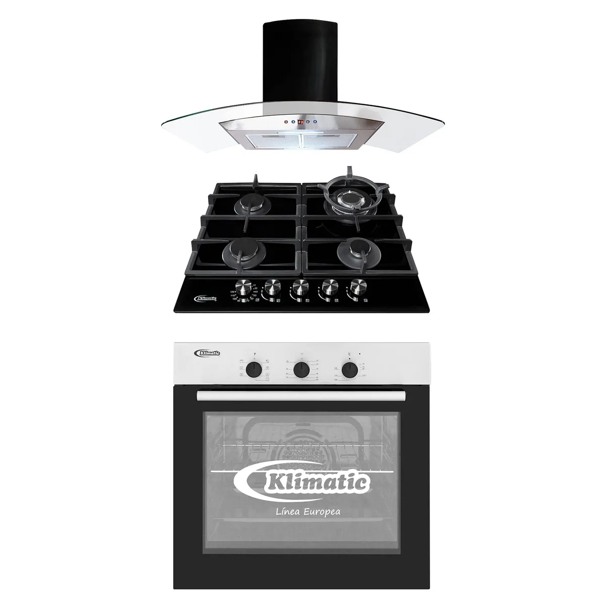 KLIMATIC - Tricombo Klimatic Cocina Empotrable 4 Hornillas Trevi 60 + Campana Decorativa 90cm Dina Black + Horno Eléctrico 60 Lt HKT600-PIX
