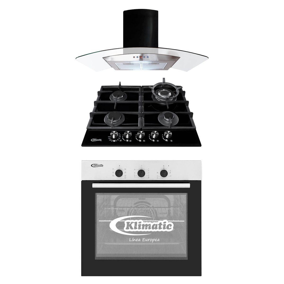 KLIMATIC - Tricombo Klimatic Cocina Empotrable 4 Hornillas Trevi 60 + Campana Decorativa 90cm Dina Black + Horno Eléctrico 60 Lt HKT600-PIX