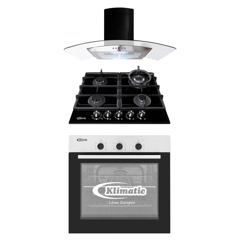 KLIMATIC - Tricombo Cocina Empotrable Trevi 60 + Campana Decorativa Dina Black + Horno Eléctrico HKT600-PIX