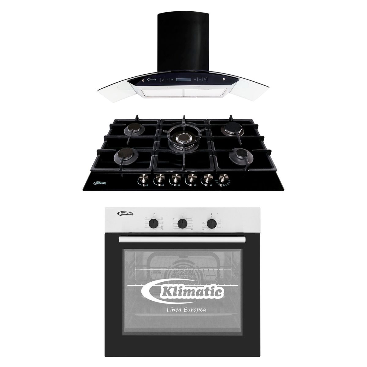KLIMATIC - Tricombo Klimatic Cocina Empotrable 5 Hornillas Trevi 90 + Campana Decorativa 90cm Venezia Black + Horno Eléctrico 60 Lt HKT600-PIX