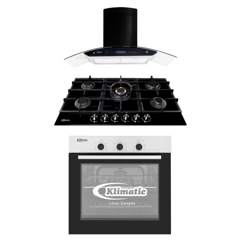 KLIMATIC - Tricombo Cocina Empotrable Trevi 90 + Campana Decorativa Venezia Black + Horno Eléctrico 60L HKT600-PIX