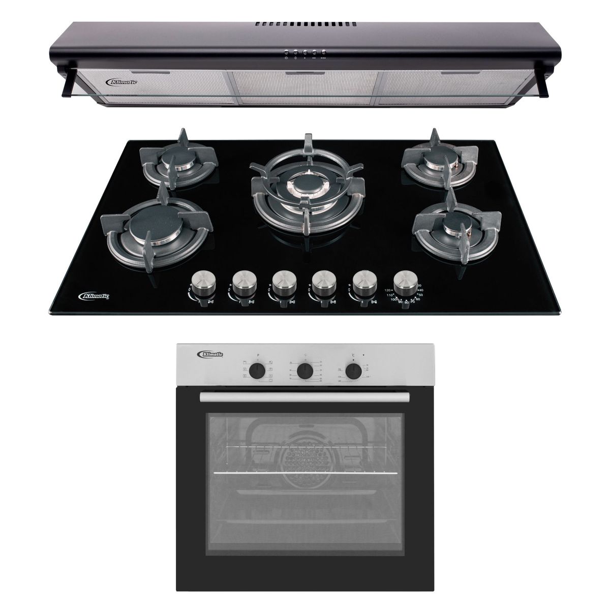 KLIMATIC - Tricombo Klimatic Cocina Empotrable 5 Hornillas Gina X + Campana Lineal 90cm CK901NE/M + Horno Eléctrico 60 Lt HKT600-PIX