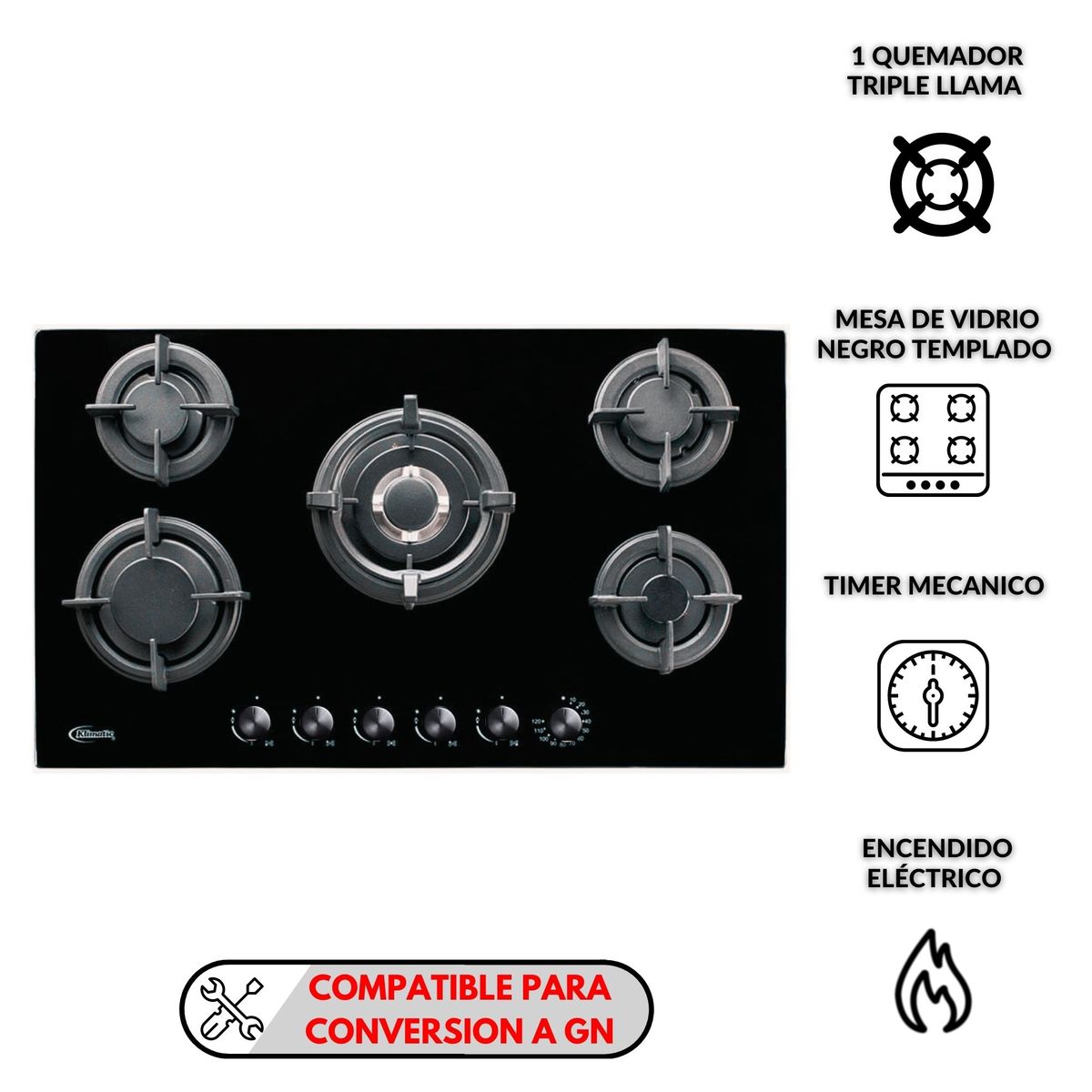KLIMATIC - Tricombo Klimatic Cocina Empotrable 5 Hornillas Gina X + Campana Lineal 90cm CK901NE/M + Horno Eléctrico 60 Lt HKT600-PIX