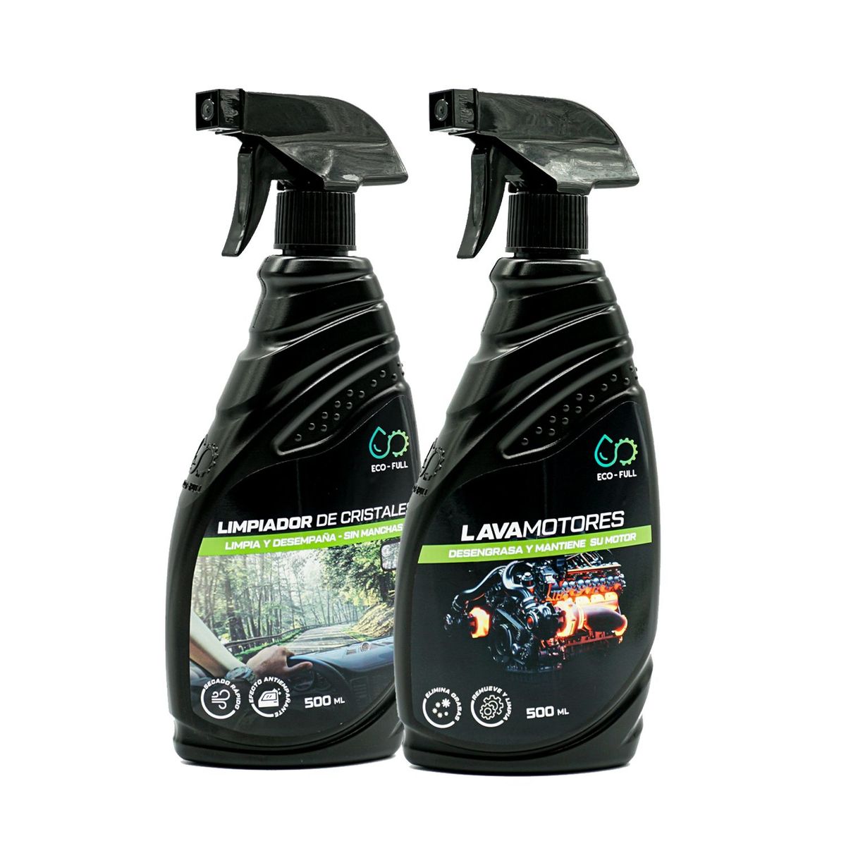 ECO-FULL - Kit de Limpieza para Auto Eco-Full Lavamotores 500 ml + Limpia Cristal 500 ml