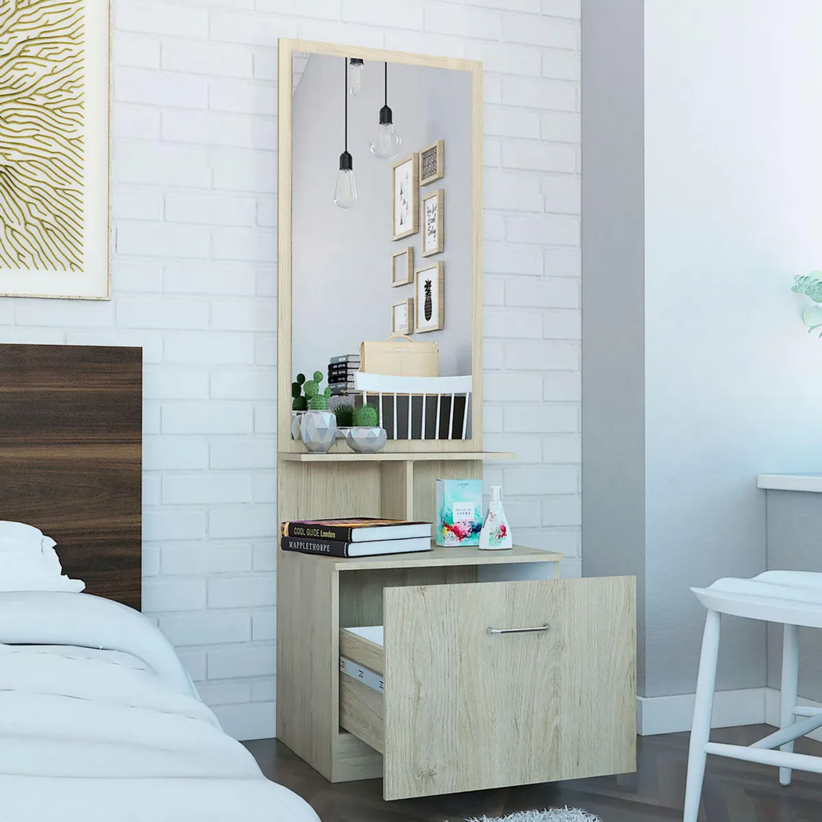 TUHOME - Velador con Espejo Multifuncional Z-54 Rovere