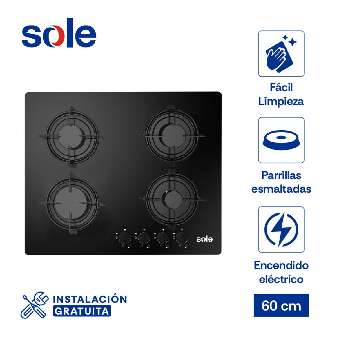 SOLE - Encimera Empotrable A Gas 4 Hornillas Sole 3120SOLCO049 Negro