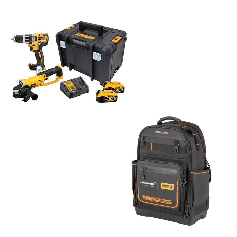DEWALT - Taladro Percutor Dewalt 1/2" + Esmeril Dewalt 4-1/2" Inalámbricos DCK209P2T + Mochila Mclaren F1 Team Pro Dewalt