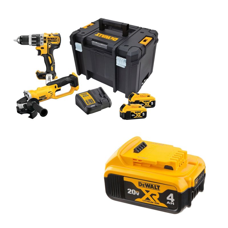 DEWALT - Taladro Percutor Dewalt 1/2" + Esmeril Dewalt 4-1/2" Inalámbricos DCK209P2T + Batería 4.0Ah 20V Max DCB204 Dewalt