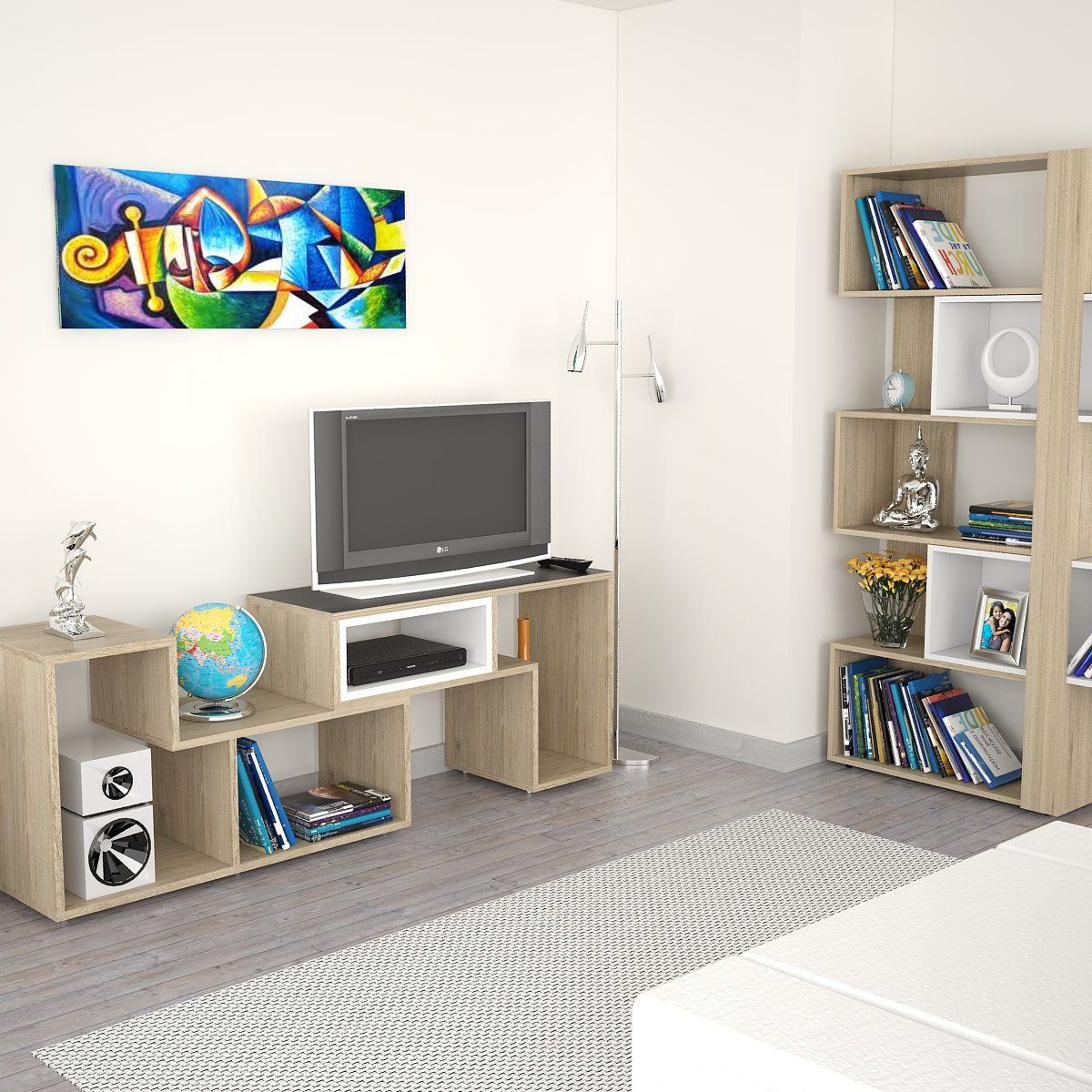 TUHOME - Mesa TV Extensible 40'' + Biblioteca Cubo Rovere