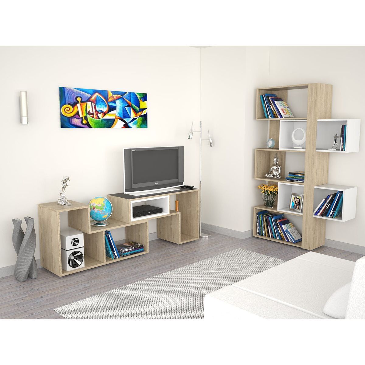 TUHOME - Mesa TV Extensible 40'' + Biblioteca Cubo Rovere