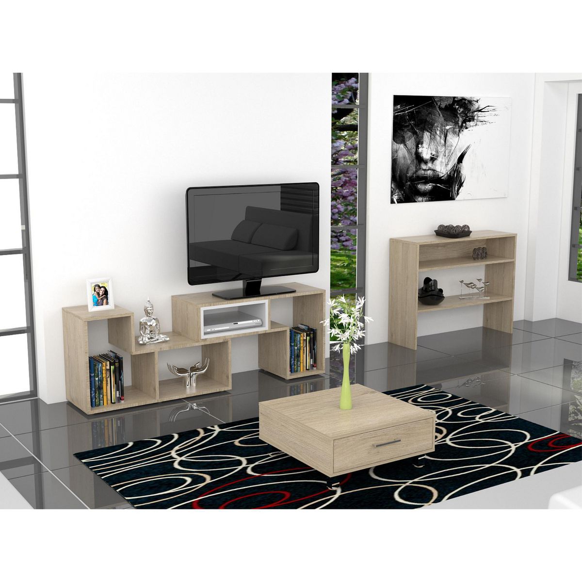 TUHOME - Combo Mesa de TV 40'' Extensible + Mueble Auxiliar + Mesa de Centro Rovere
