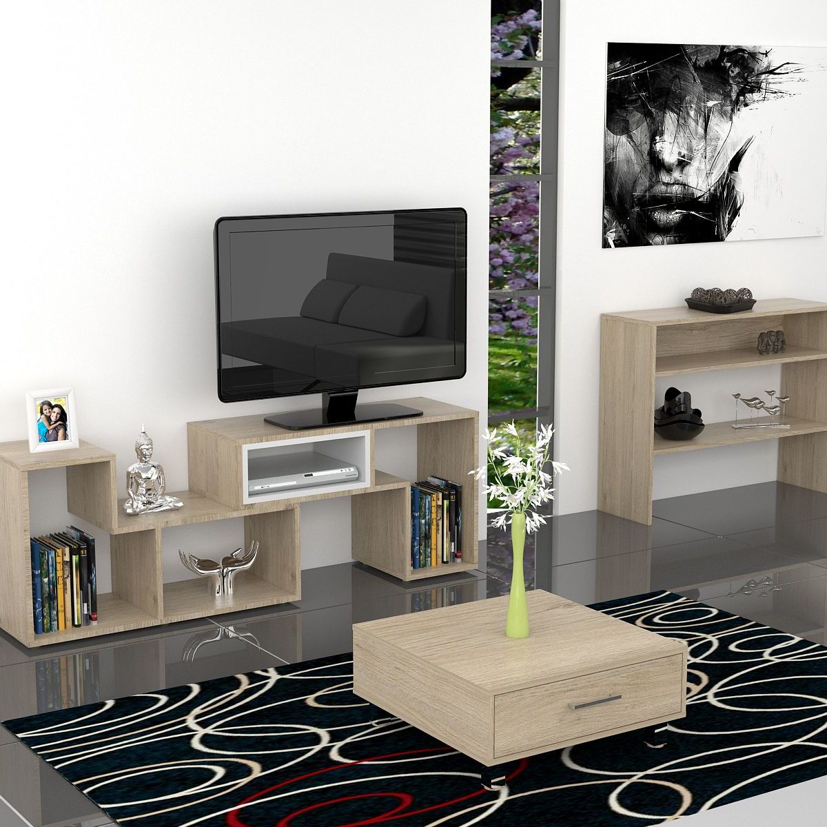 TUHOME - Combo Mesa de TV 40'' Extensible + Mueble Auxiliar + Mesa de Centro Rovere