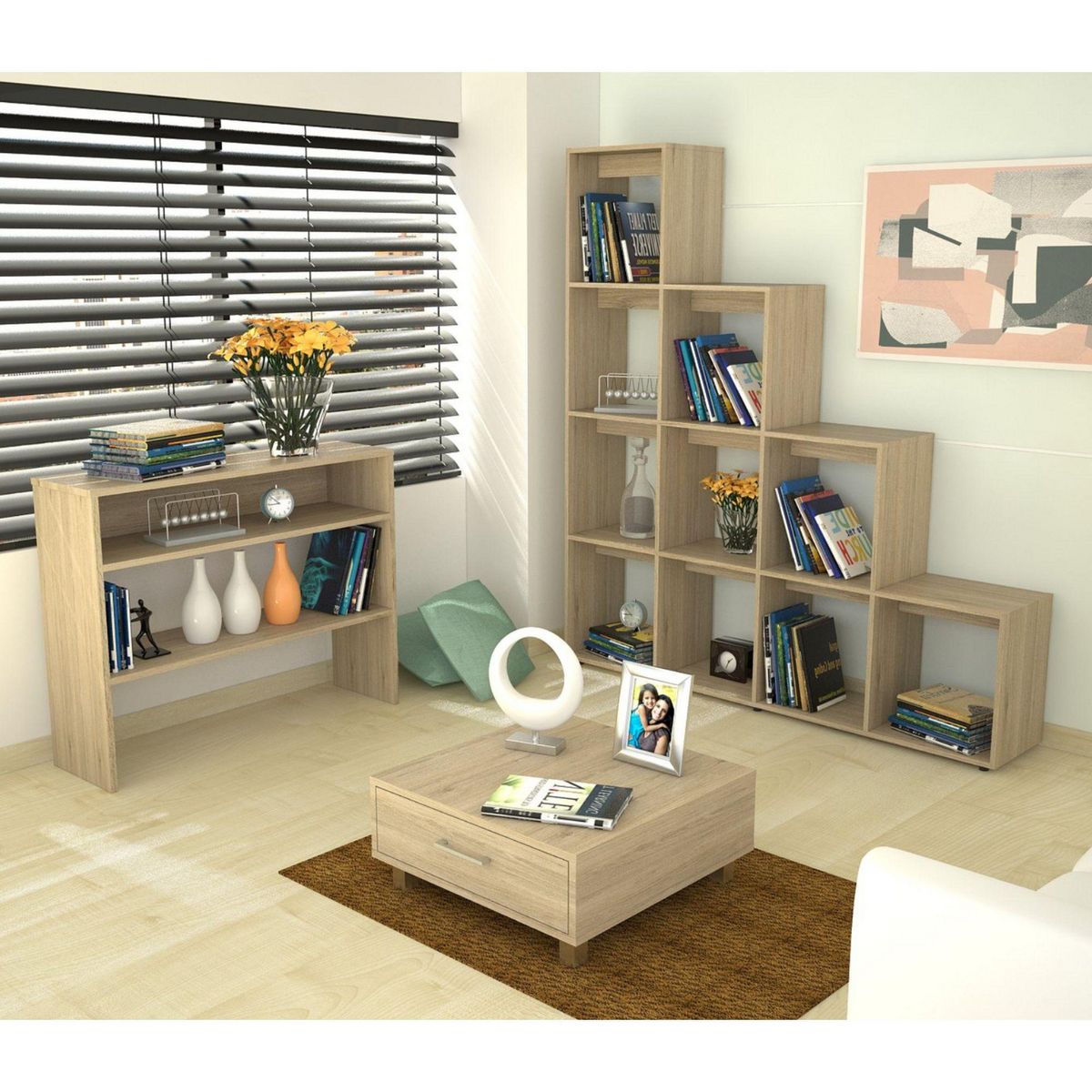 TUHOME - Combo Biblioteca Escalera + Mueble Auxiliar + Mesa de Centro Rovere