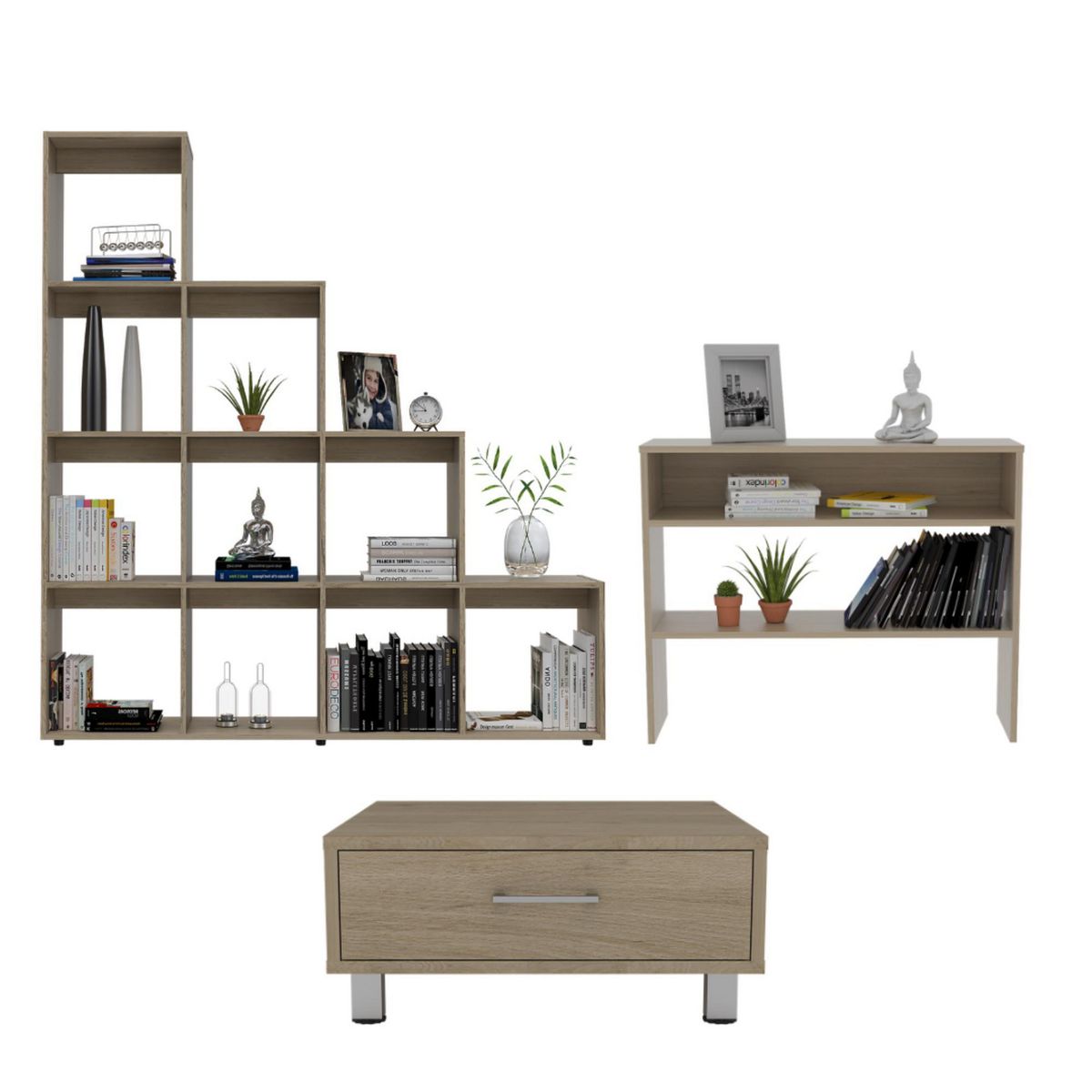 TUHOME - Combo Biblioteca Escalera + Mueble Auxiliar + Mesa de Centro Rovere