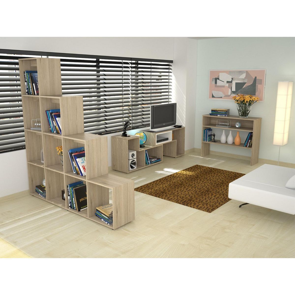TUHOME - Combo Mesa de TV Extensible 40'' + Biblioteca Escalera + Mueble Auxiliar Rovere