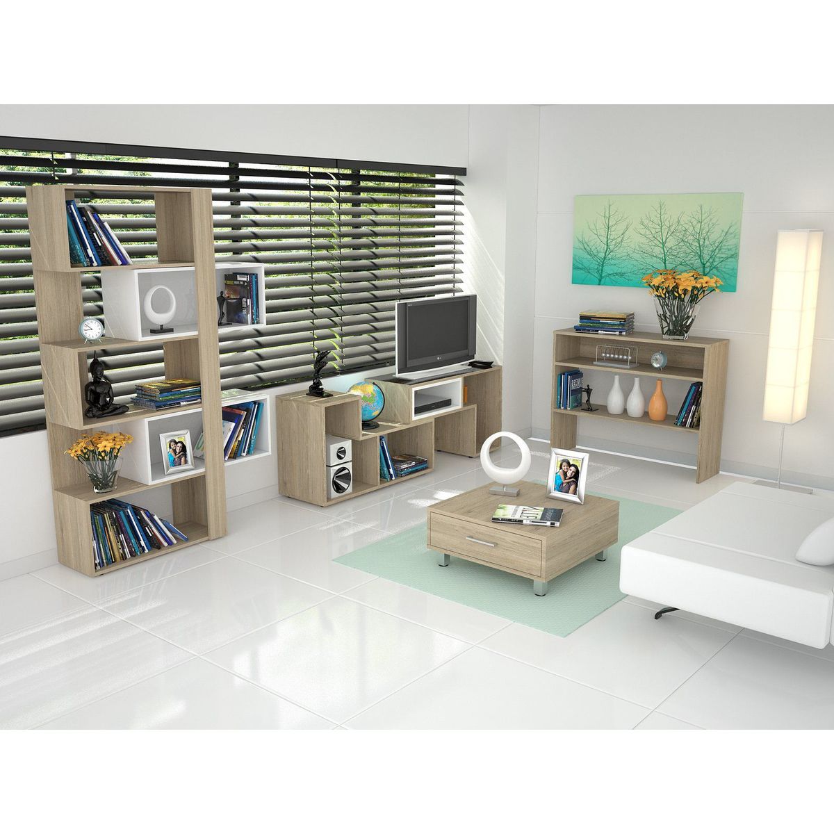 TUHOME - Combo Mesa de TV Extensible 40'' + Biblioteca Cubo + Mueble Auxiliar + Mesa De Centro Rovere