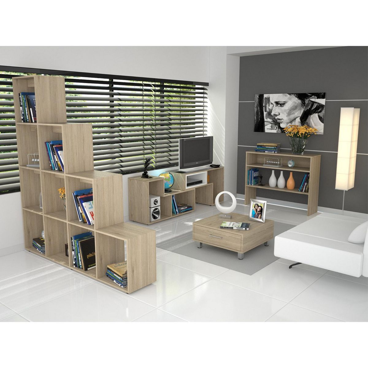 TUHOME - Rack Extensible TV 40'' + Biblioteca Escalera + Arrimo + Mesa de Centro Rovere