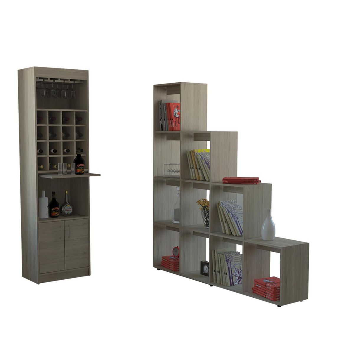 TUHOME - Combo Bar Cava Alto + Biblioteca Escalera