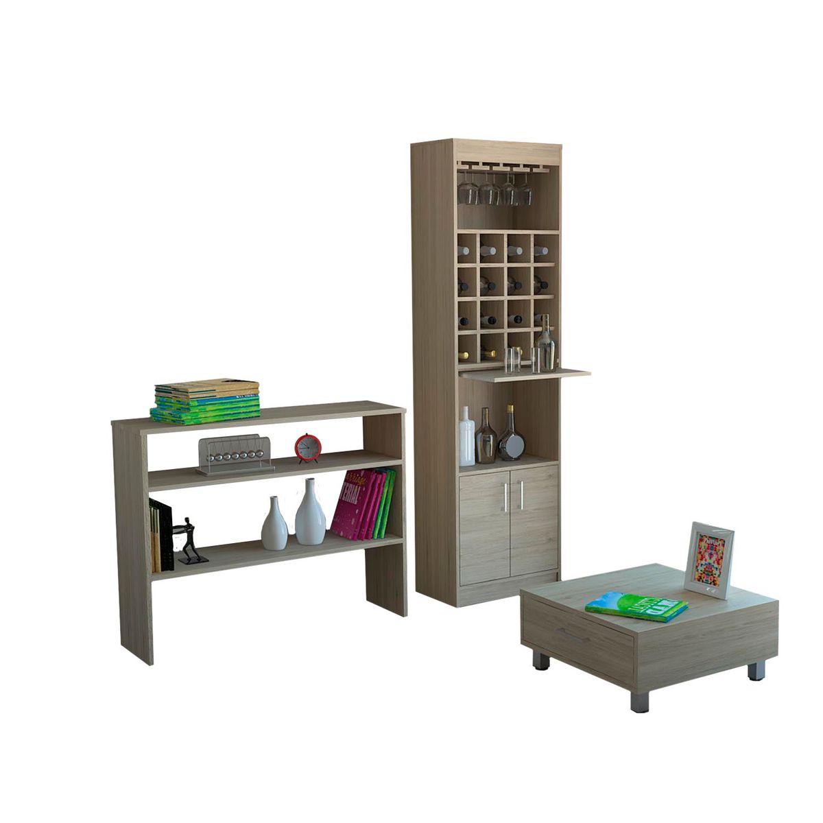 TUHOME - Combo Bar Cava + Mueble Auxiliar + Mesa de Centro