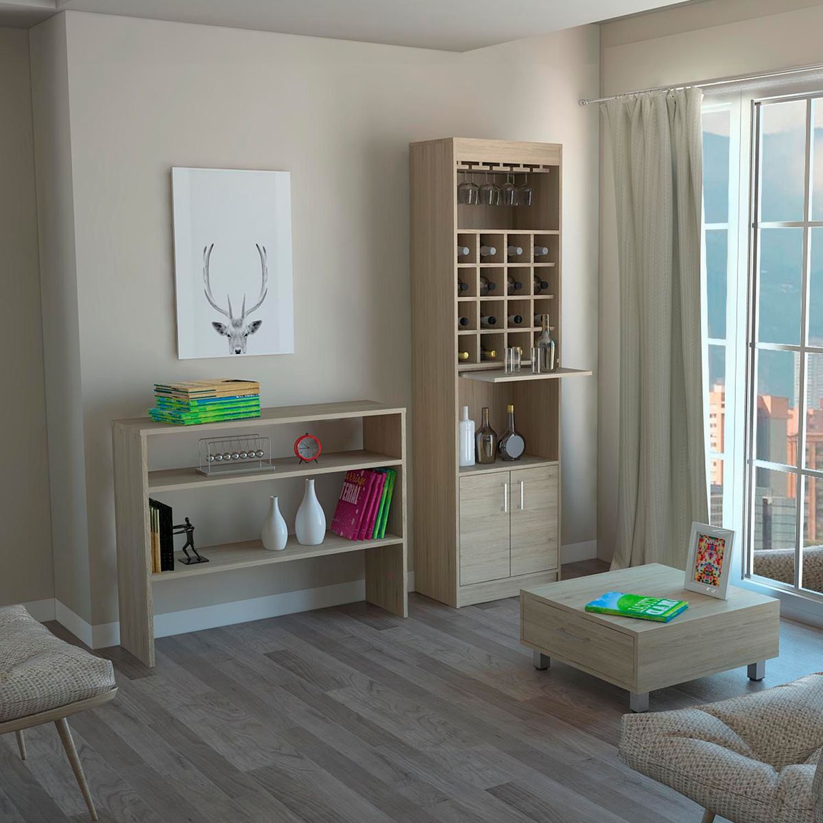 TUHOME - Combo Bar Cava + Mueble Auxiliar + Mesa de Centro