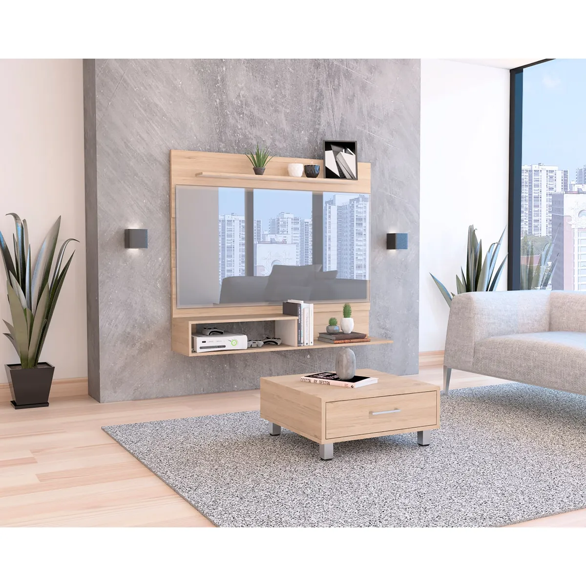 TUHOME - Panel TV 55'' + Mesa de Centro Rovere/Blanco