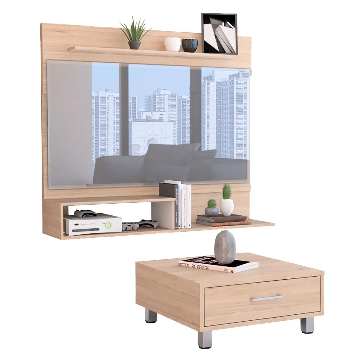 TUHOME - Panel TV 55'' + Mesa de Centro Rovere/Blanco