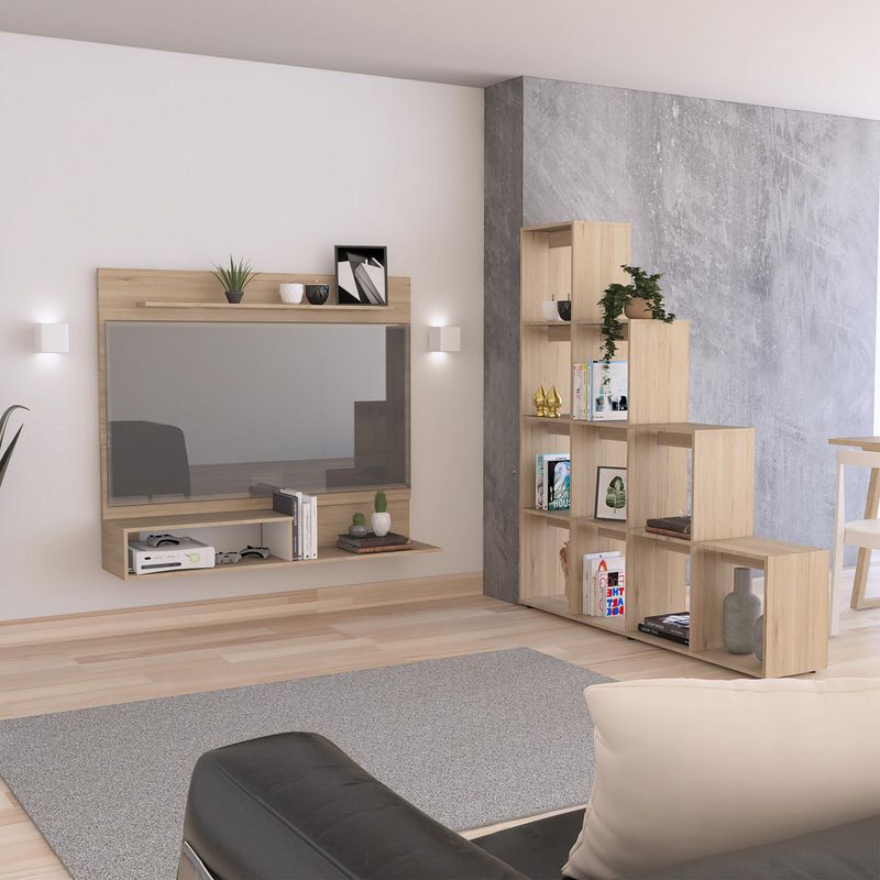 TUHOME - Panel TV 55'' + Biblioteca Escalera Rovere/Blanco