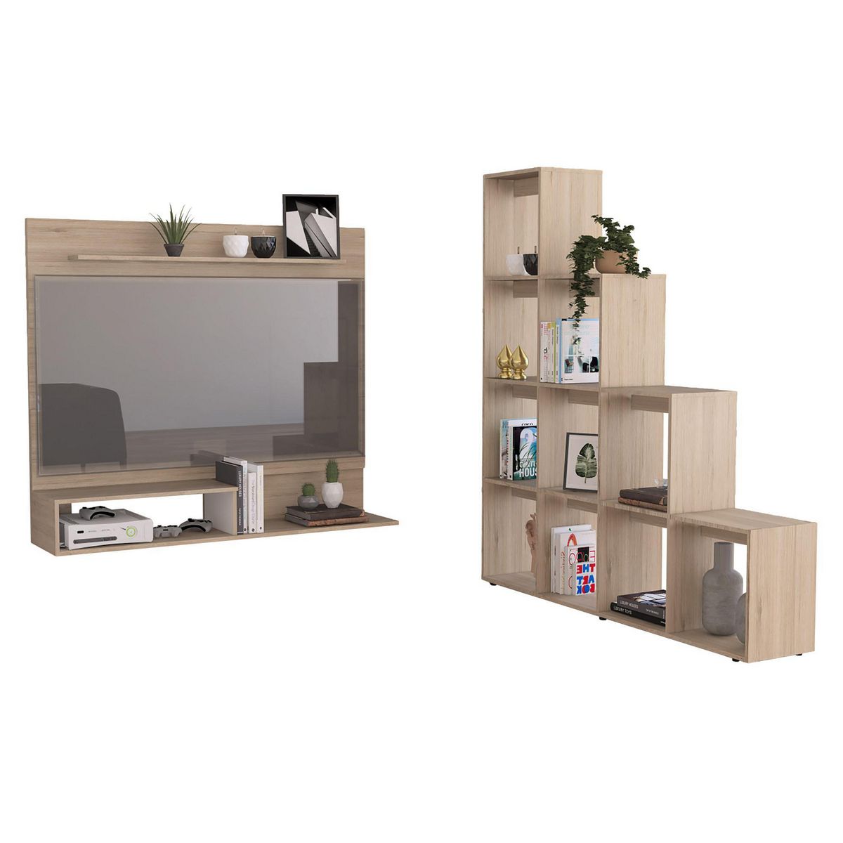 TUHOME - Panel TV 55'' + Biblioteca Escalera Rovere/Blanco