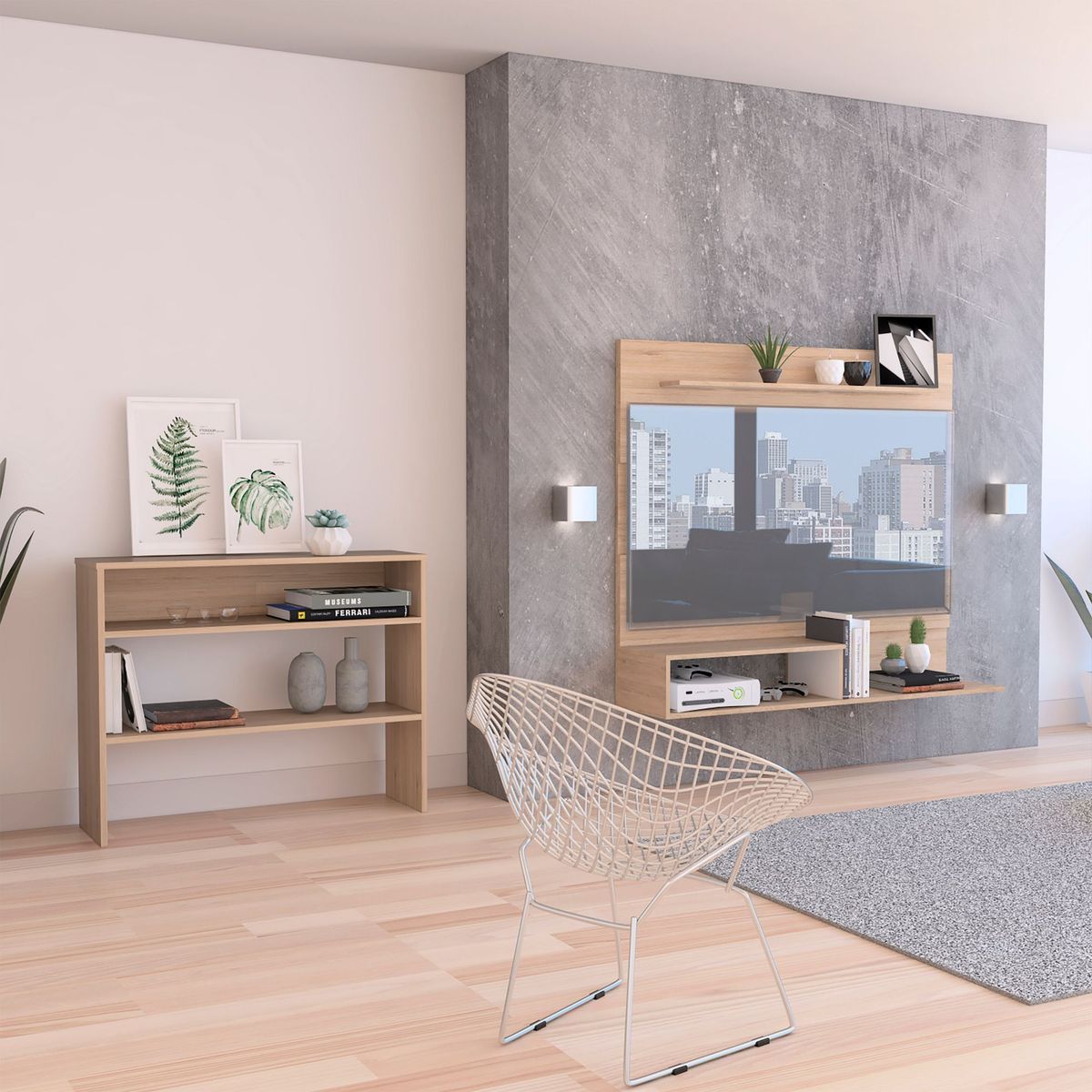 TUHOME - Combo Panel TV 55" + Mueble Auxiliar Rovere/Blanco