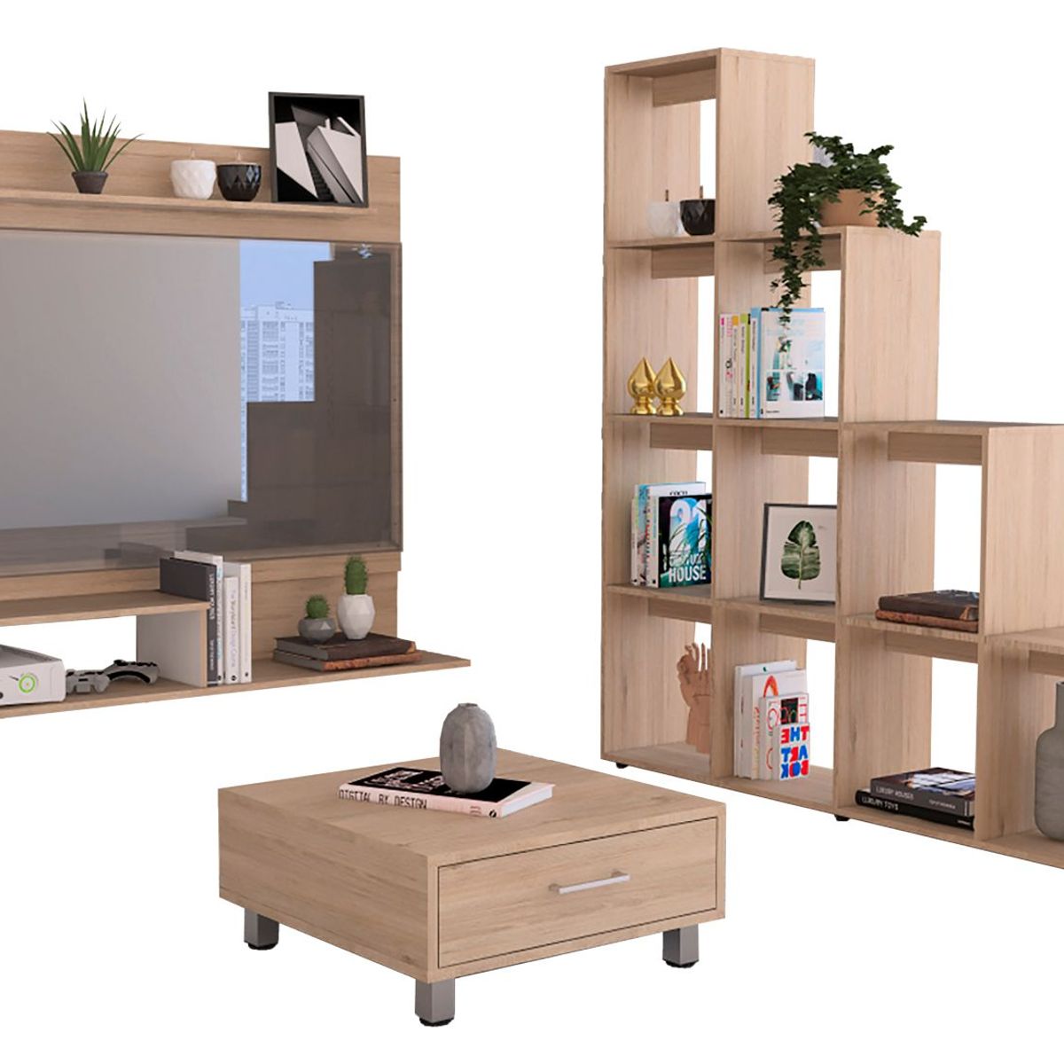 TUHOME - Panel TV 55'' + Biblioteca Escalera + Mesa de Centro Rovere/Blanco