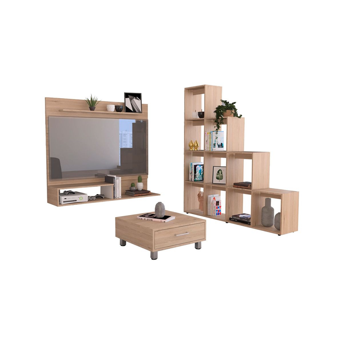 TUHOME - Panel TV 55'' + Biblioteca Escalera + Mesa de Centro Rovere/Blanco