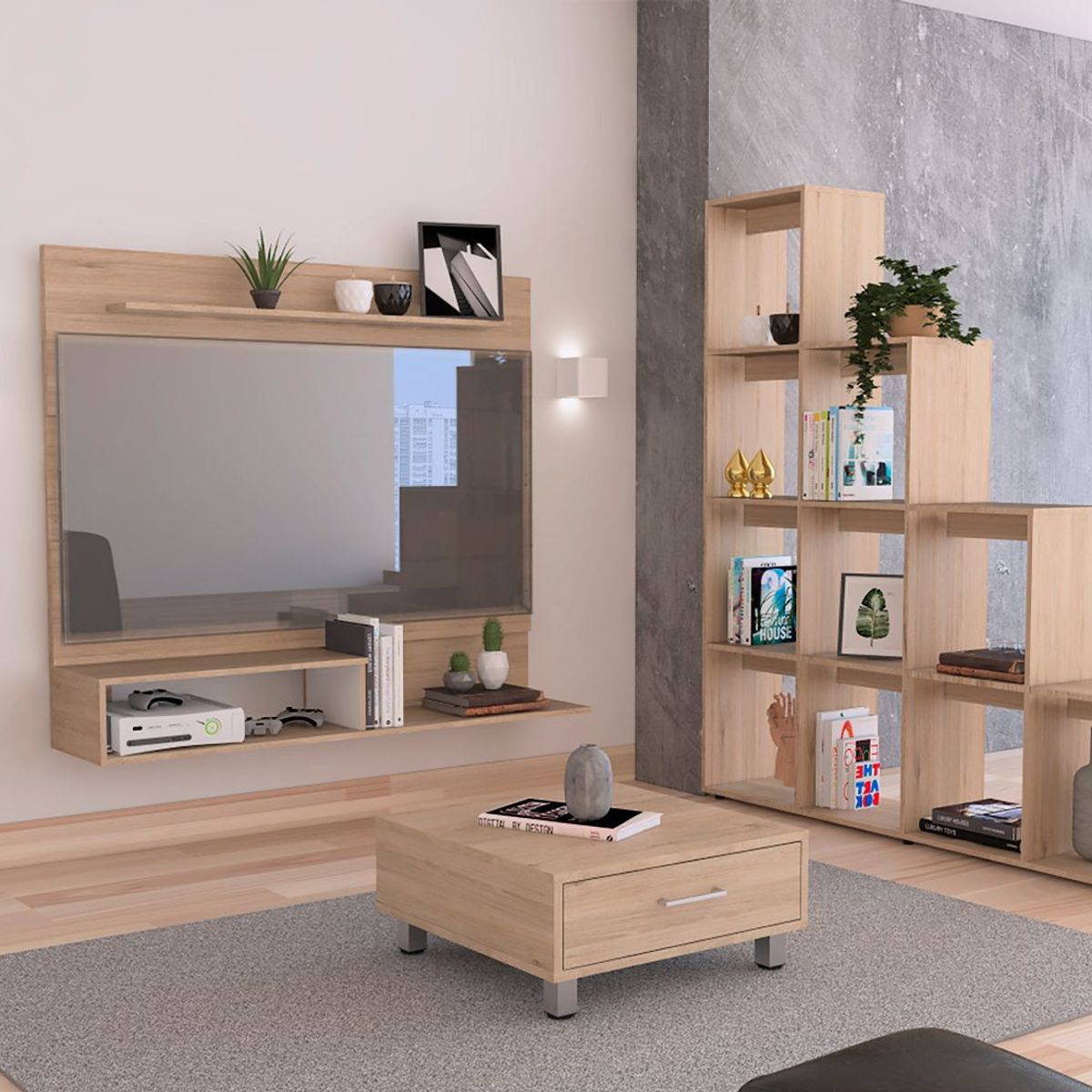 TUHOME - Panel TV 55'' + Biblioteca Escalera + Mesa de Centro Rovere/Blanco