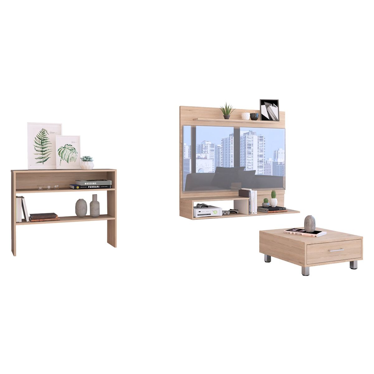 TUHOME - Combo Panel TV 55'' + Mueble Auxiliar + Mesa de Centro Rovere/Blanco